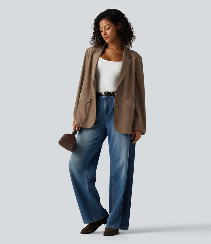 Notched Collar Long Sleeve Suede Casual Blazer with Pockets
