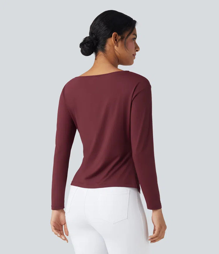 Boat Neck Long Sleeve Ruched Asymmetrical Hem Slim Work Blouse