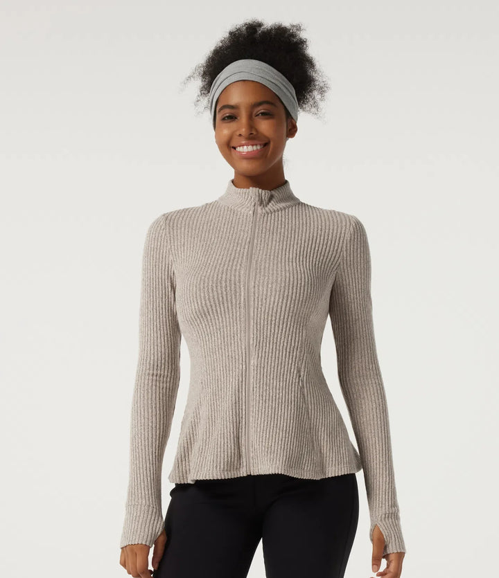 Ribbed Knit Mock Neck Long Sleeve Yoga Track Jacket with Pockets