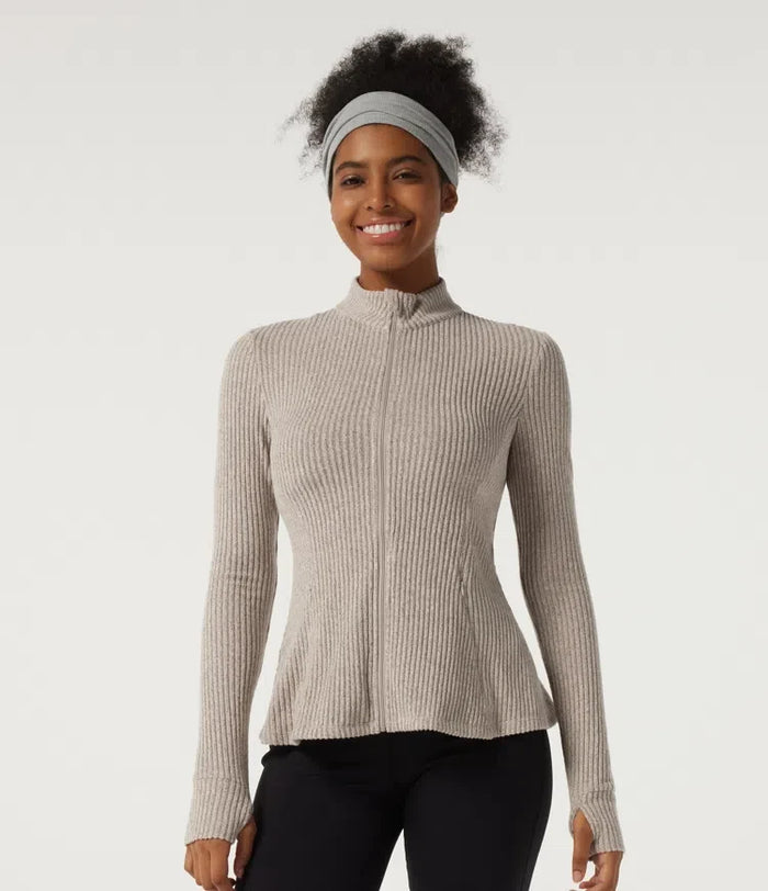 Ribbed Knit Mock Neck Long Sleeve Yoga Track Jacket with Pockets