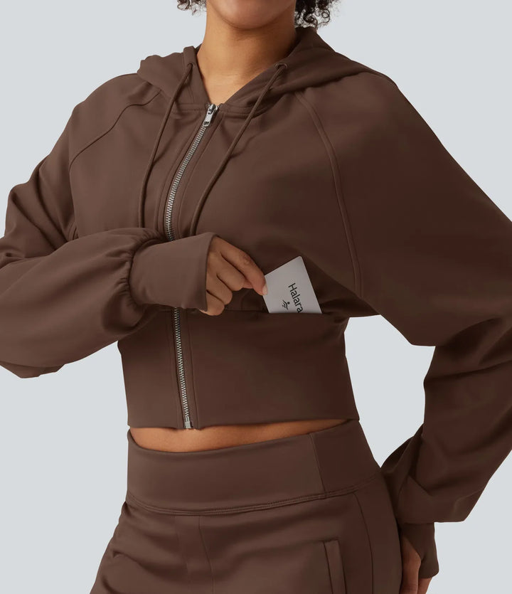 Hooded Raglan Sleeve Cropped Yoga Jacket with Hidden Pocket and Thumb Holes