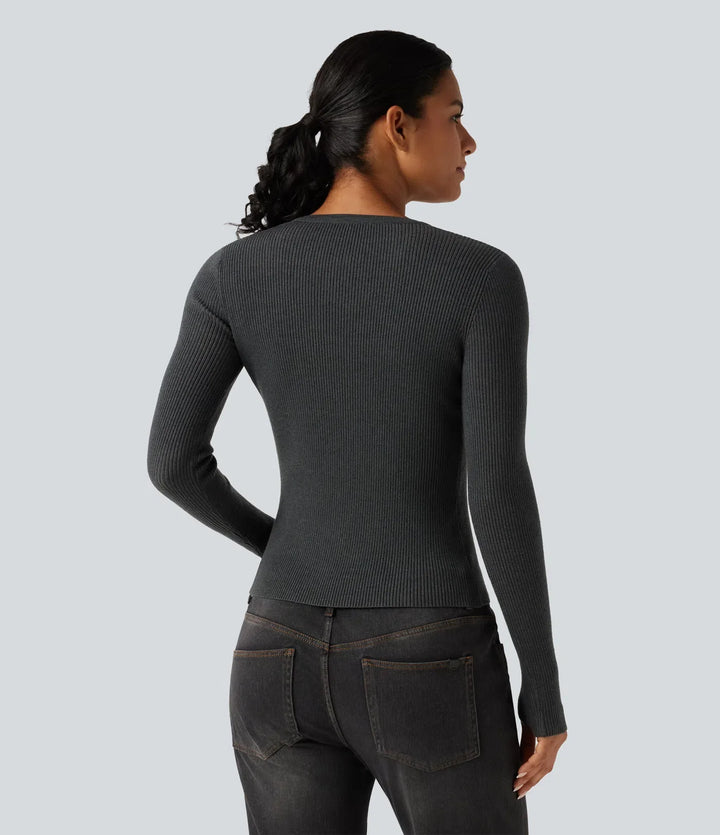 Henley Neck Long Sleeve Thumb Hole Work Wool-Blend Sweater