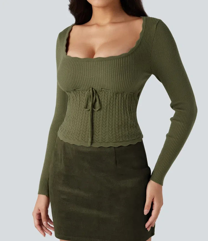 U-Neck Long Sleeve Scallop Trim Casual Sweater