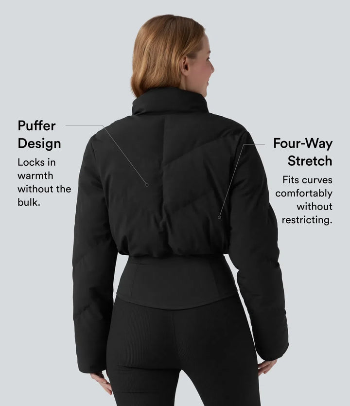 PuffFlex 3-in-1 Stand Collar Casual Cropped Puffer Coat &amp; Thumb Holes Curved Hem Jacket with Pocket