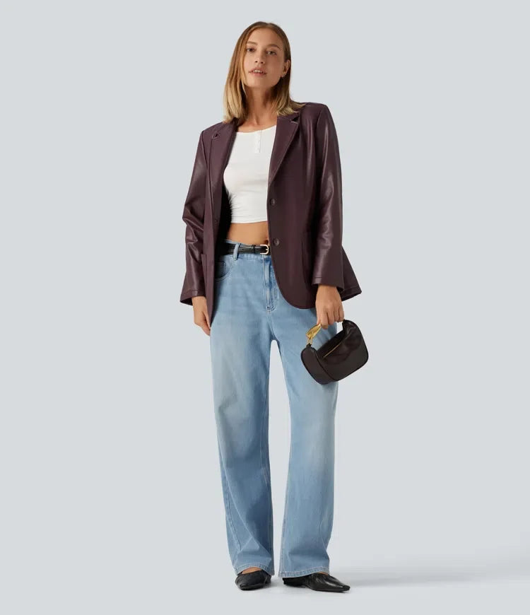 Notched Collar Long Sleeve PU Casual Blazer with Pockets