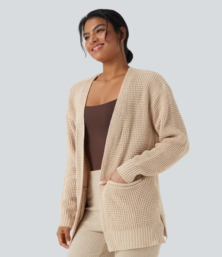 Long Sleeve Waffle Casual Cardigan with Pockets