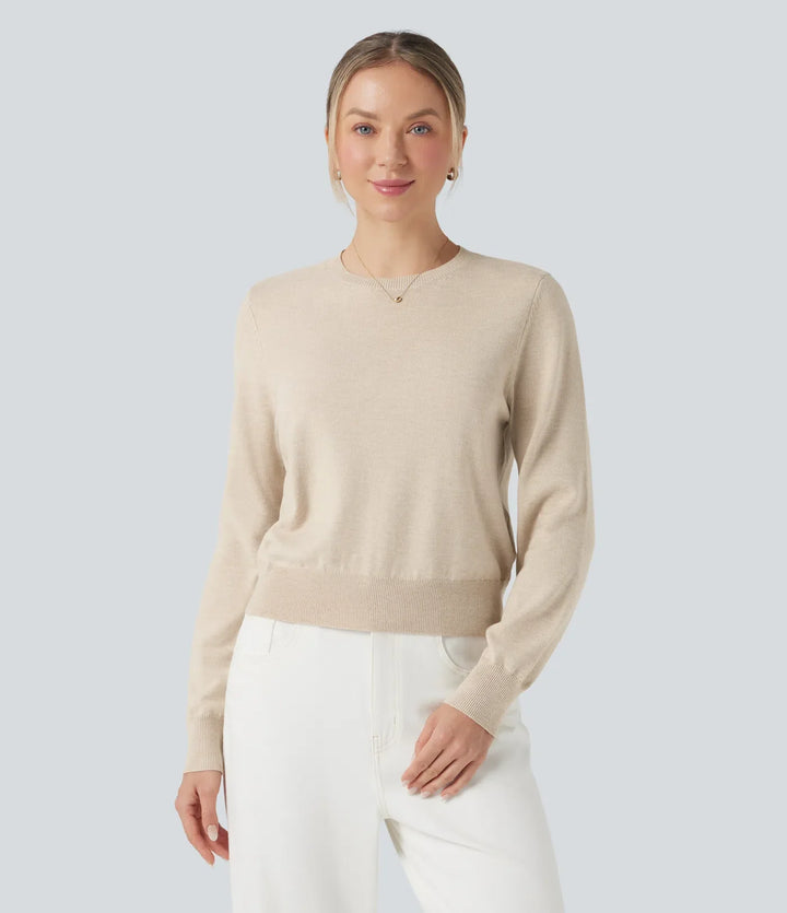 Round Neck Long Sleeve Wool-Blend Work Sweater