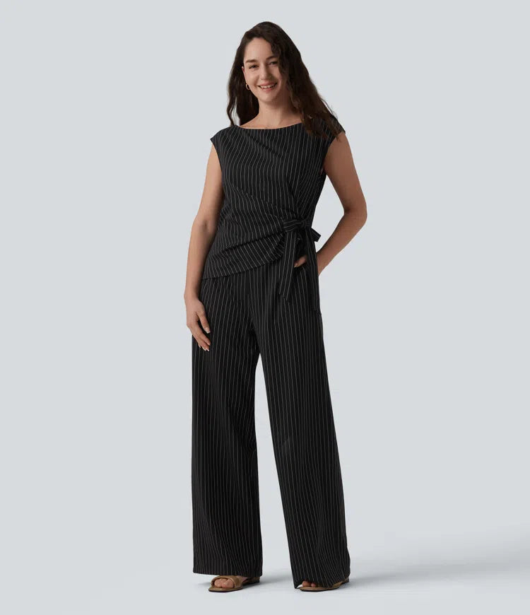 Boat Neck Sleeveless Tie Side Cool Touch Stripe Work Jumpsuit with Pockets-Easy Peezy Edition