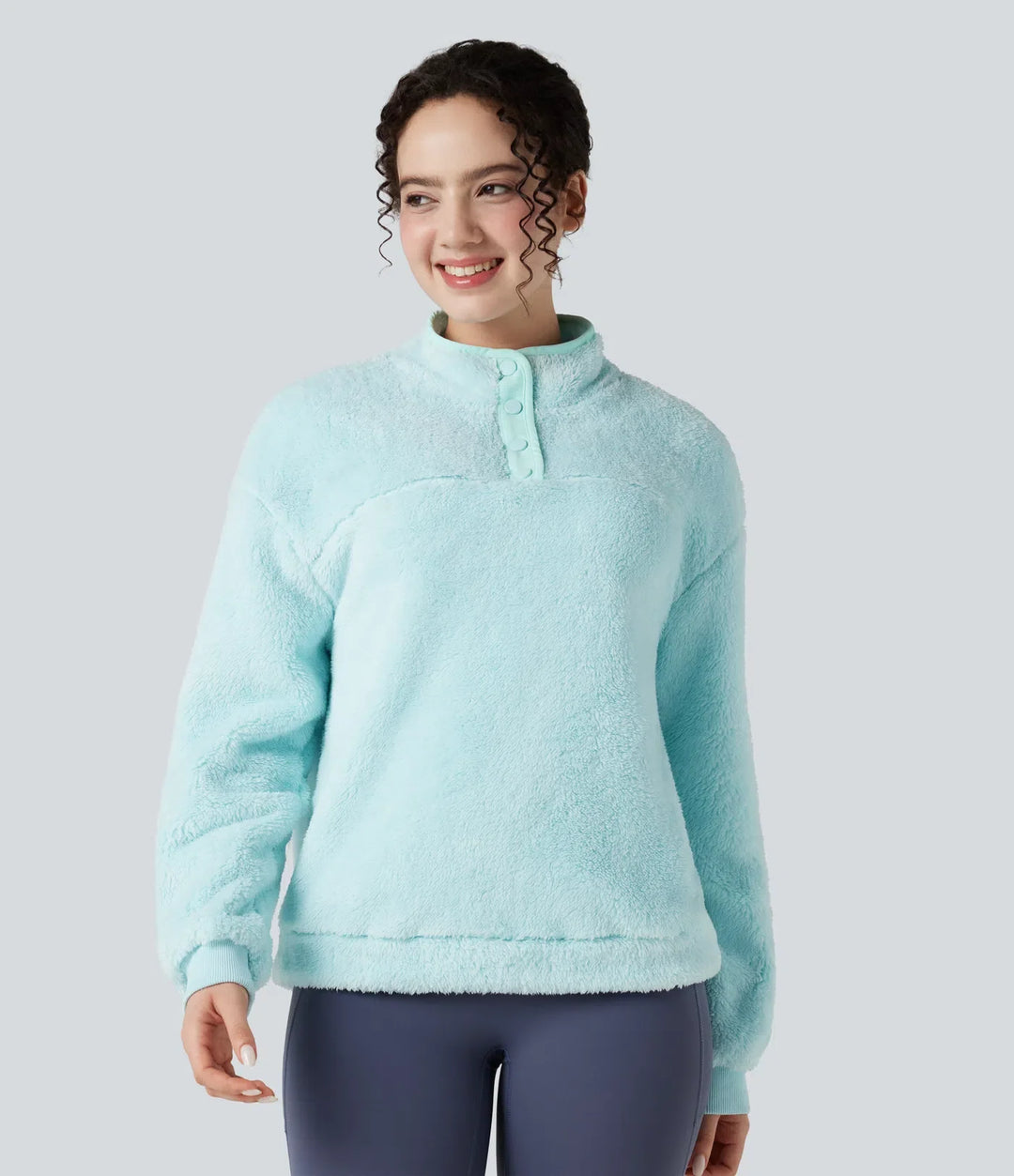 Stand Collar Button Casual Fleece Sweatshirt
