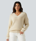 V Neck Dropped Shoulder Long Sleeve Cut Out Casual Sweater