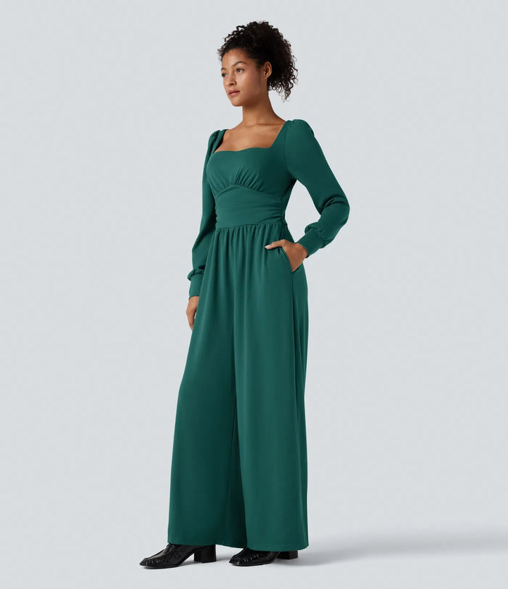 Square Neck Long Sleeve Work Jumpsuit with Pockets-Easy Peezy Edition