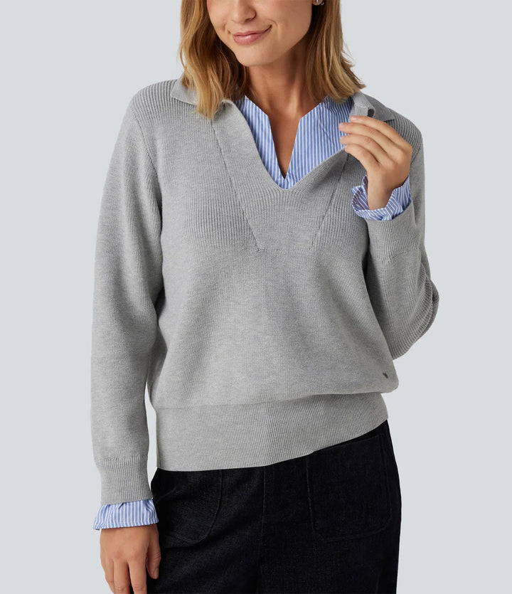 Collared V Neck Long Sleeve 2-in-1 Work Sweater