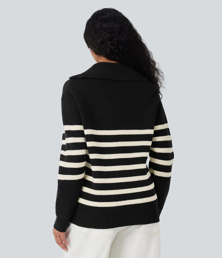 Half Zip Lapel Color Block Striped Casual Sweater