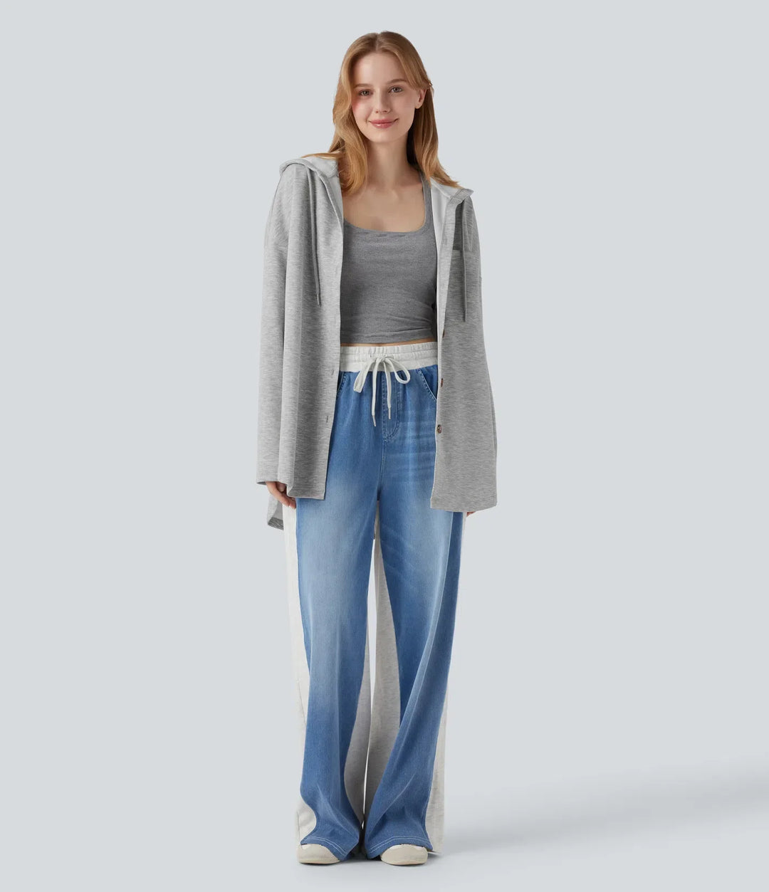 Hooded Drawstring Long Sleeve Curved Hem Casual Sweatshirt with Pocket