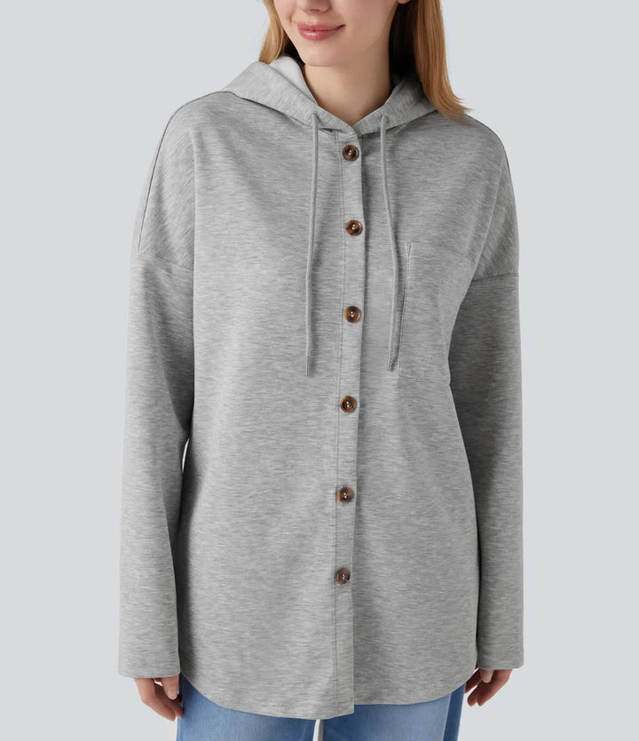 Hooded Drawstring Long Sleeve Curved Hem Casual Sweatshirt with Pocket