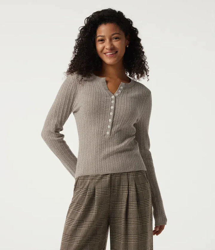 Henley Neck Cable Stitch Long Sleeve Work Sweater