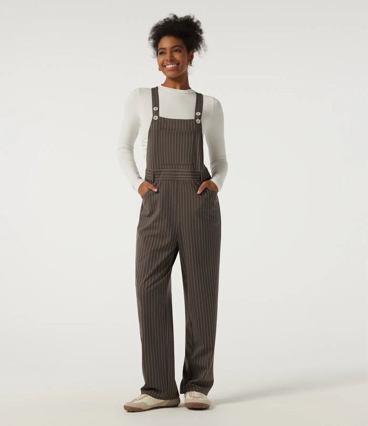 Square Neck Straight Leg Stripe Casual Overalls with Pockets