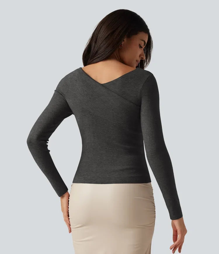 V Neck Long Sleeve Crossover Thumb Hole Casual Sweater
