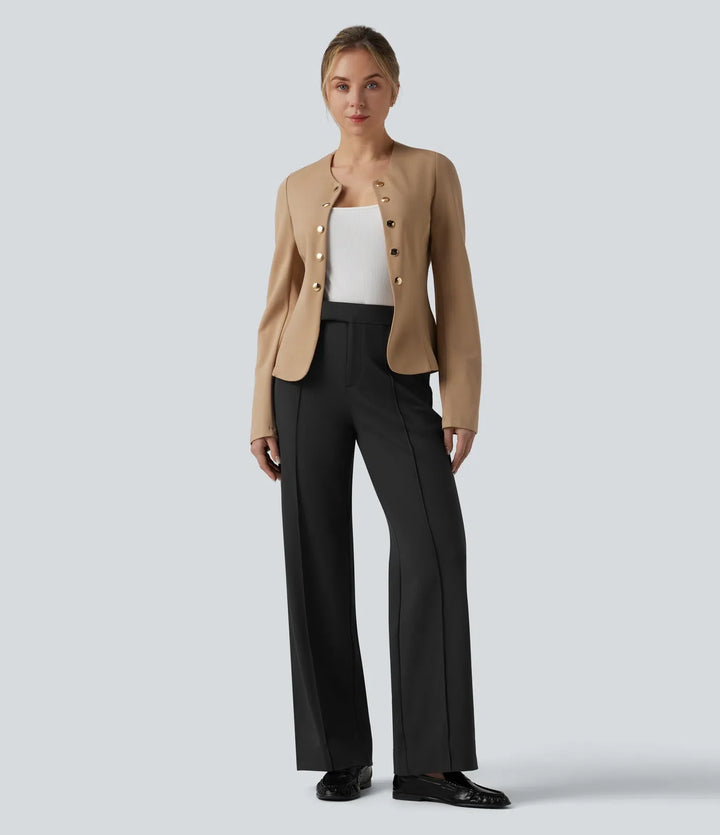 Round Neck Decorative Button Pleated Hem Work Blazer