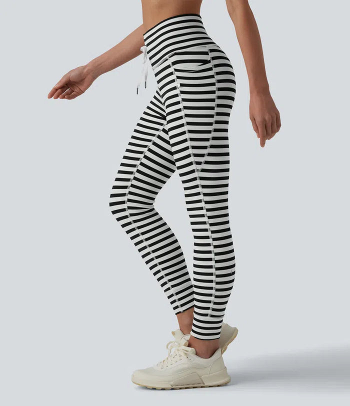 High Waisted Drawstring Stripe Yoga Leggings with Pockets