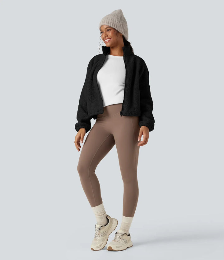 High Neck Long Sleeve Zipper Fleece Workout Jacket with Pockets