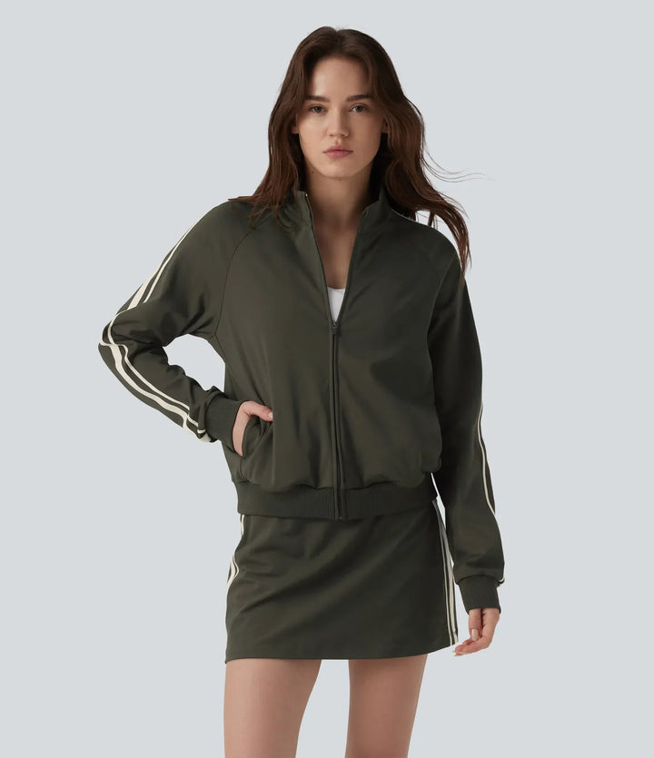 DayStretch Stand Collar Color Block Stripes Workout Jacket with Pockets