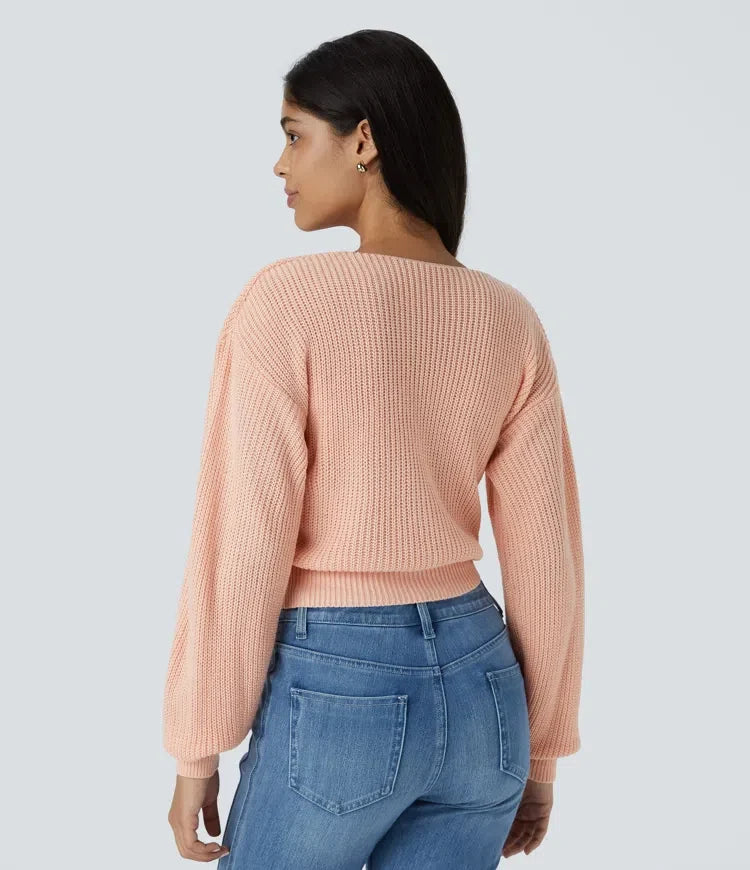 V Neck Dropped Shoulder Long Sleeve Wrapped Relaxed Casual Sweater