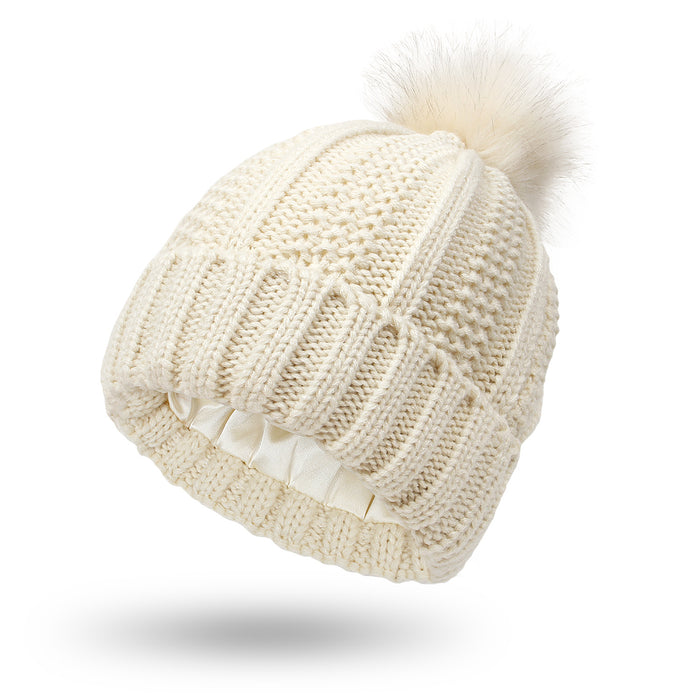 Madison | Satin Lined Knit Beanie with Faux Fur Pom Pom
