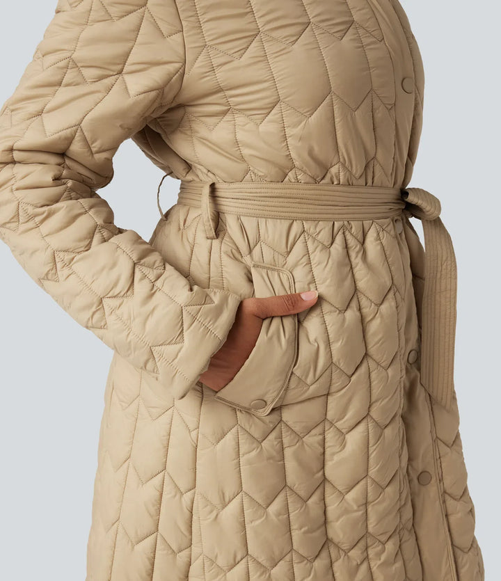 Hooded Belted Longline Casual Quilted Jacket with Pockets