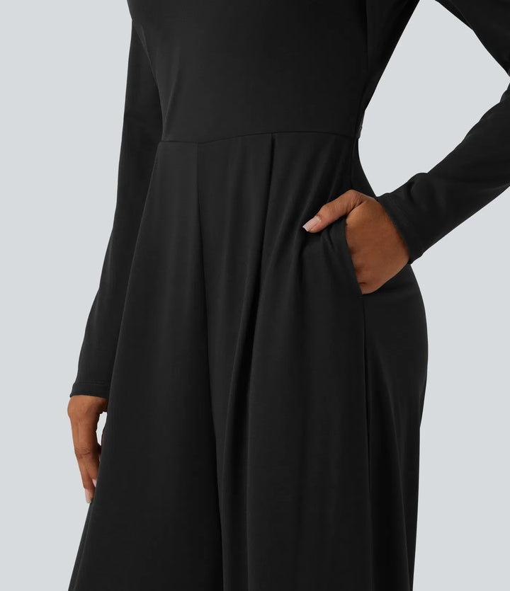 Long Sleeve Built-in Bra Wide Leg Jumpsuit with Pockets-Easy Peezy Edition DD-F Cups