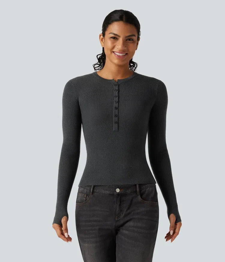 Henley Neck Long Sleeve Thumb Hole Work Wool-Blend Sweater