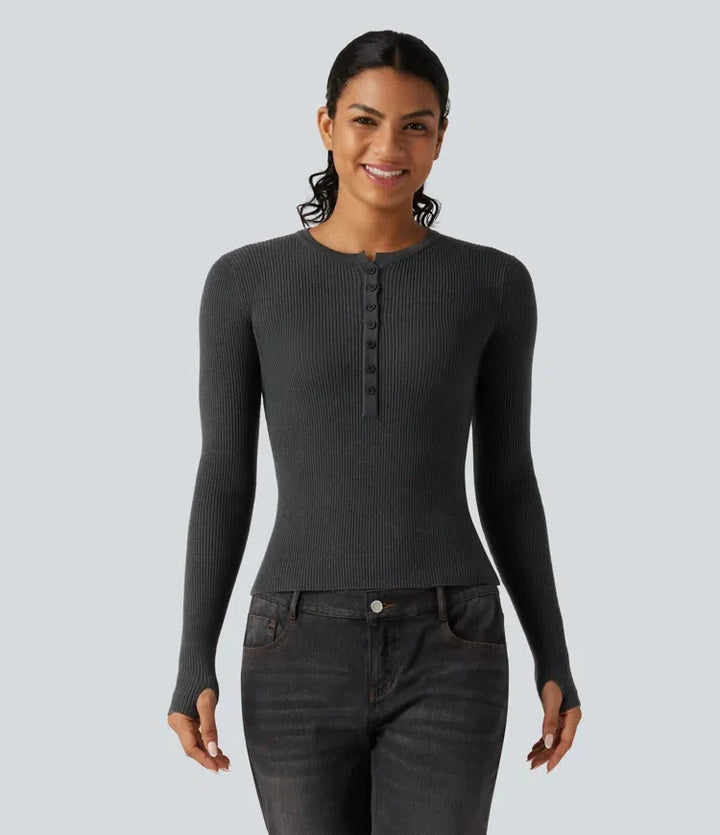Henley Neck Long Sleeve Thumb Hole Work Wool-Blend Sweater