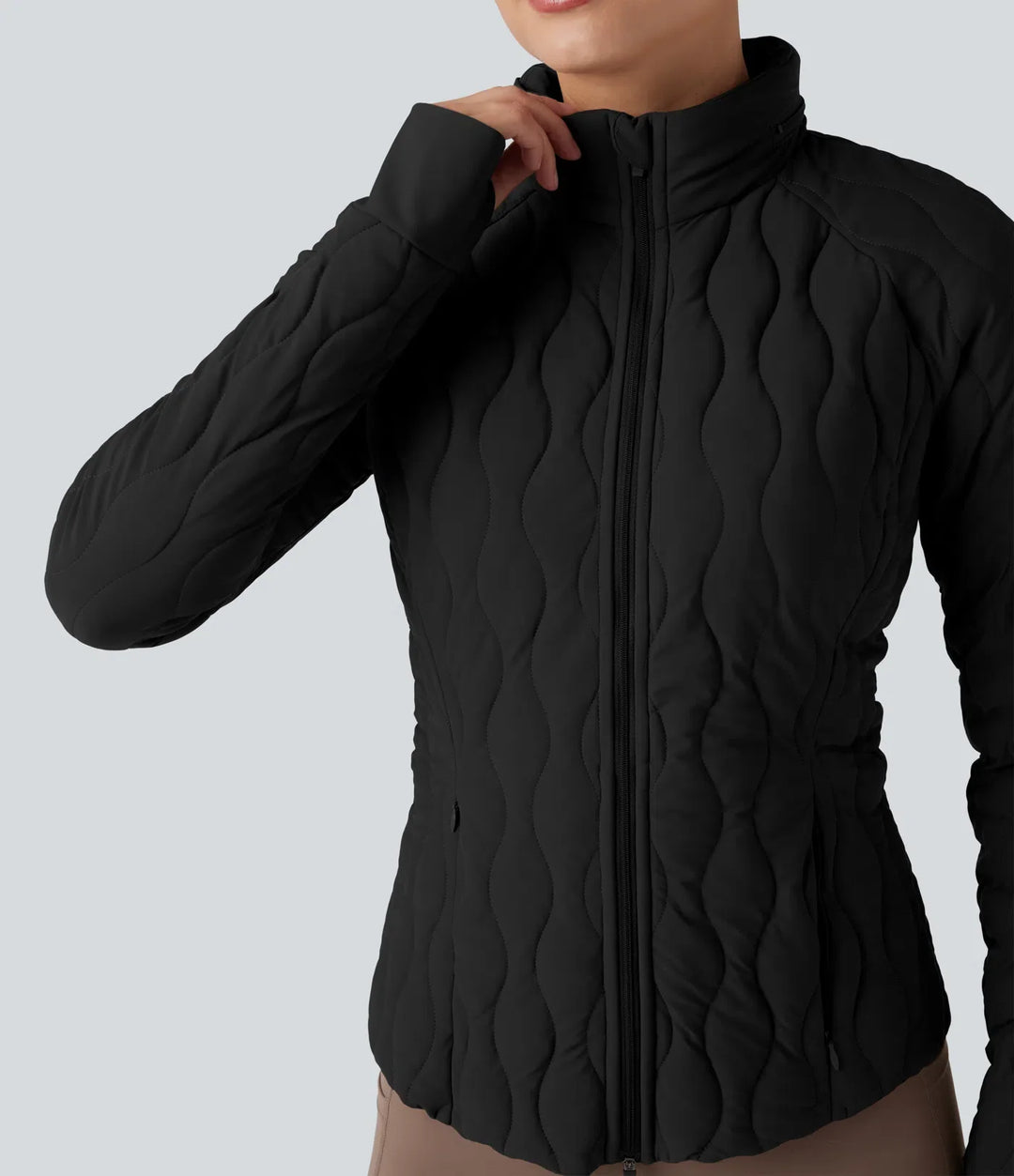 PuffFlex High-neck Thumb Holes Stretchy Workout Padded Jacket with Pockets-Packable Neck Pillow