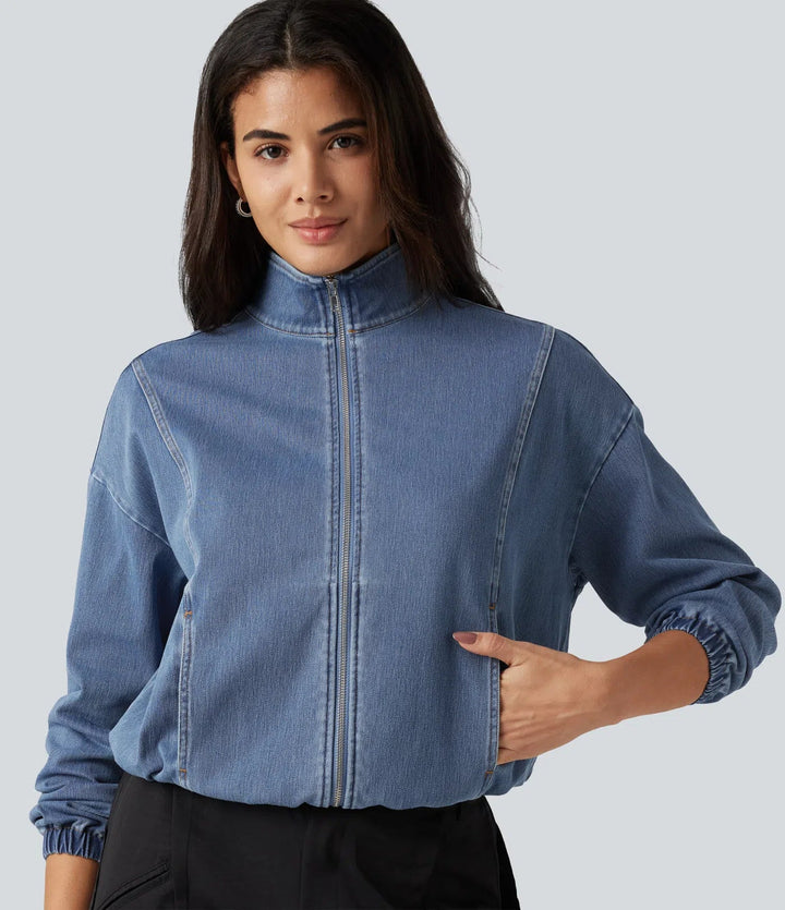 Halara Flex High Neck Long Sleeve Denim Casual Jacket with Pockets