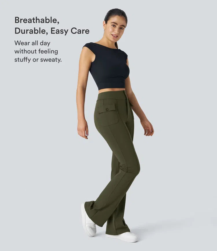 High Waisted Side Flap Pocket Flare Casual Cargo Pants