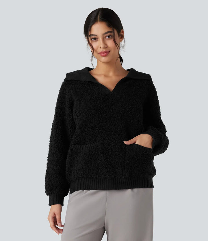 Lapel Reglan Long Sleeve Work Sweater with Pockets