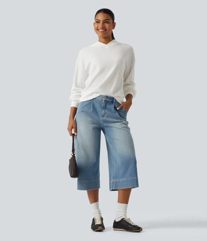 Hooded Drop Shoulder Long Sleeve Waffle Casual Sweatshirt