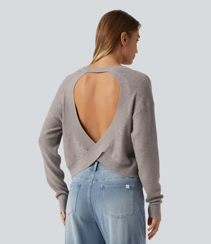 Round Neck Long Sleeve Cut-Out Back Casual Sweater