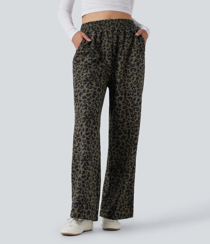 High Waisted Leopard Print Corduroy Casual Baggy Pants with Pockets