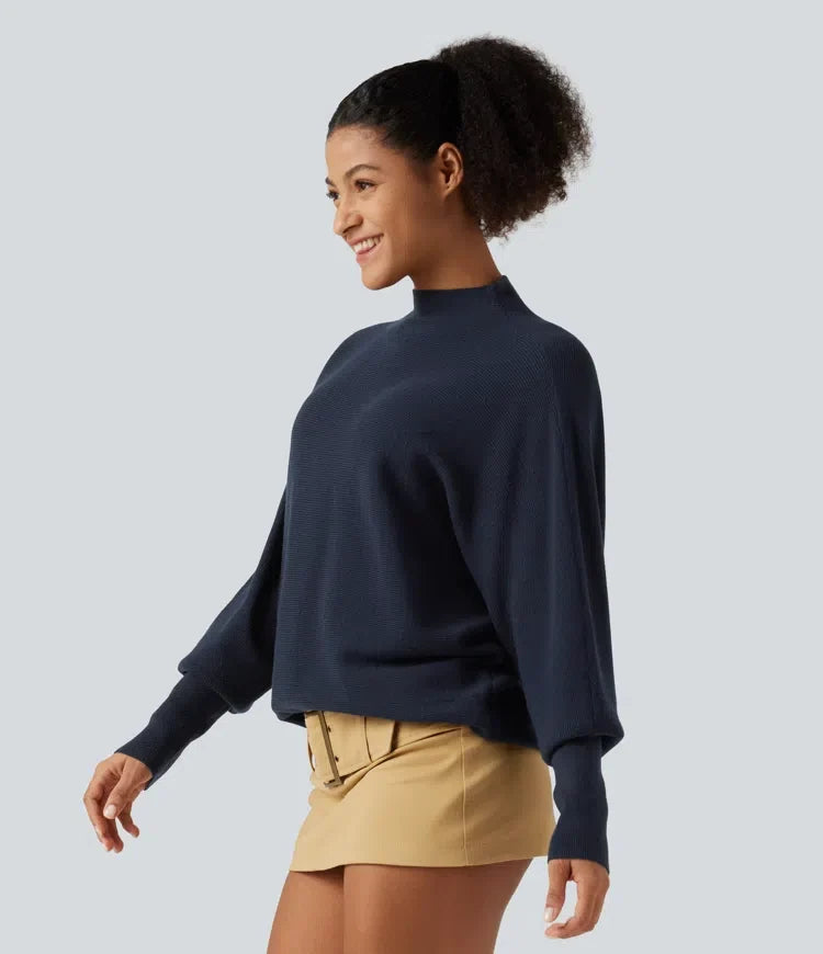 Mock Neck Batwing Long Sleeve Work Sweater