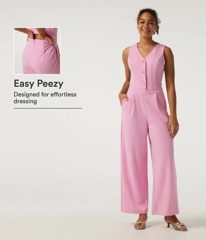 V Neck Sleeveless Wide Leg Work Jumpsuit with Pockets - Easy Peezy Edition