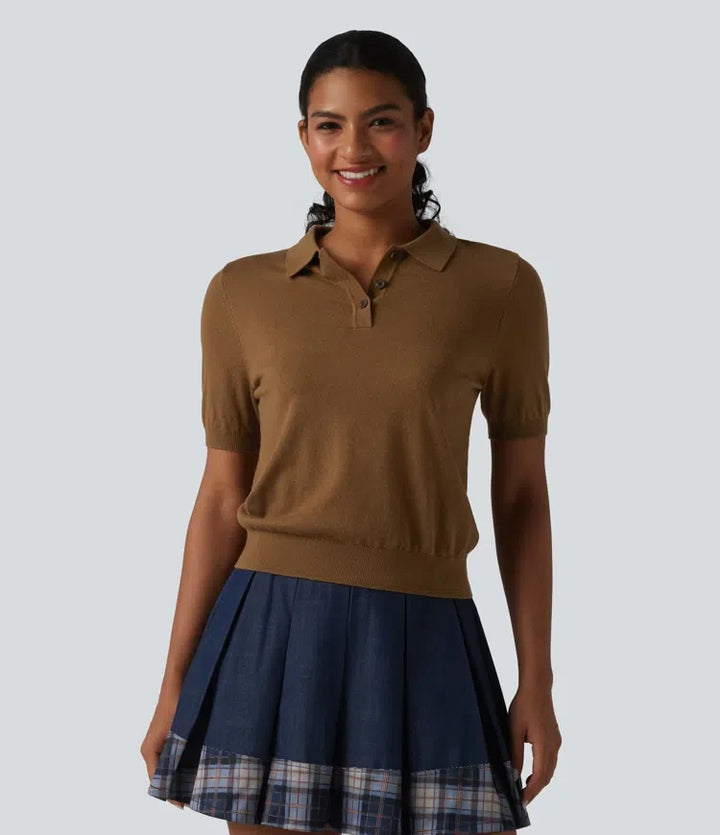 Polo Neck Short Sleeve Wool-Blend Casual Sweater