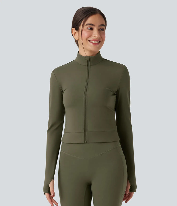 SoftlyZero Plush Stand Collar Long Sleeve Thumb Holes Crossover Back Yoga Jackets
