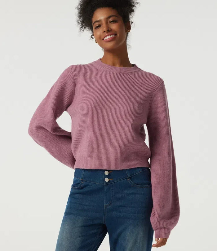 Round Neck Puff Long Sleeve Casual Sweater