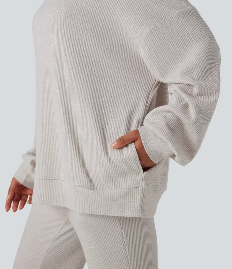 Mock Neck Long Sleeve Relaxed Waffle Casual Sweatshirt with Pockets