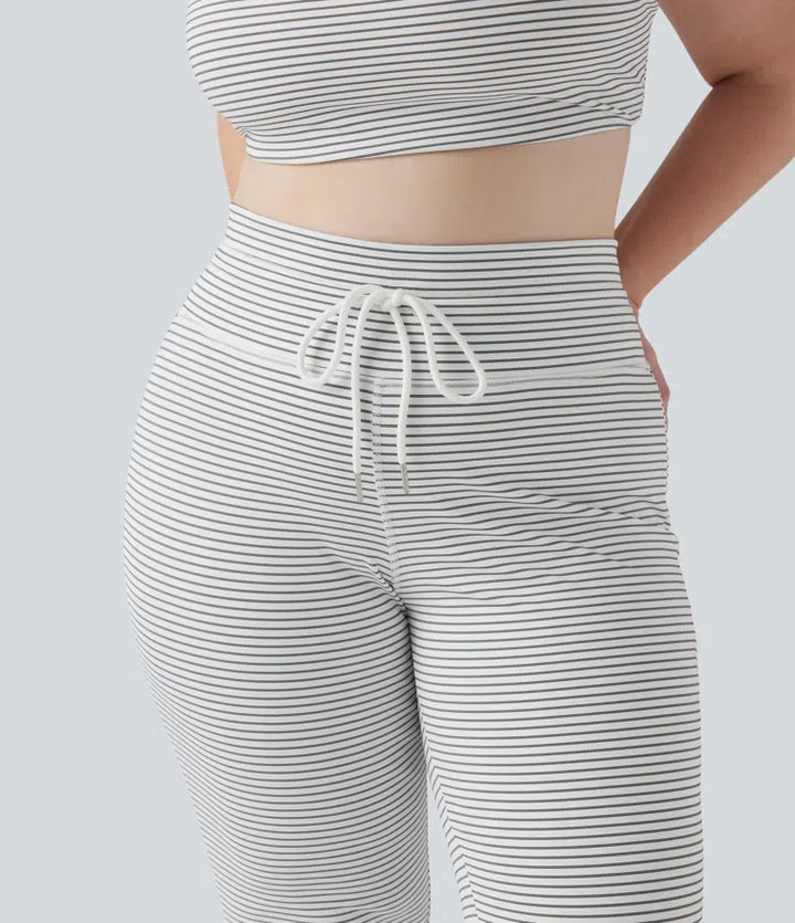 High Waisted Drawstring Stripe Flare Yoga Plus Size Pants with Pockets
