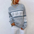 Woman in snowflake knit mock neck sweater