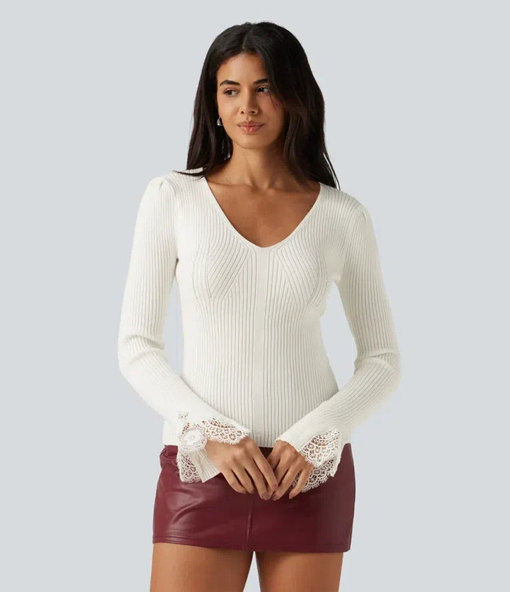 V Neck Long Sleeve Contrast Lace Work Sweater