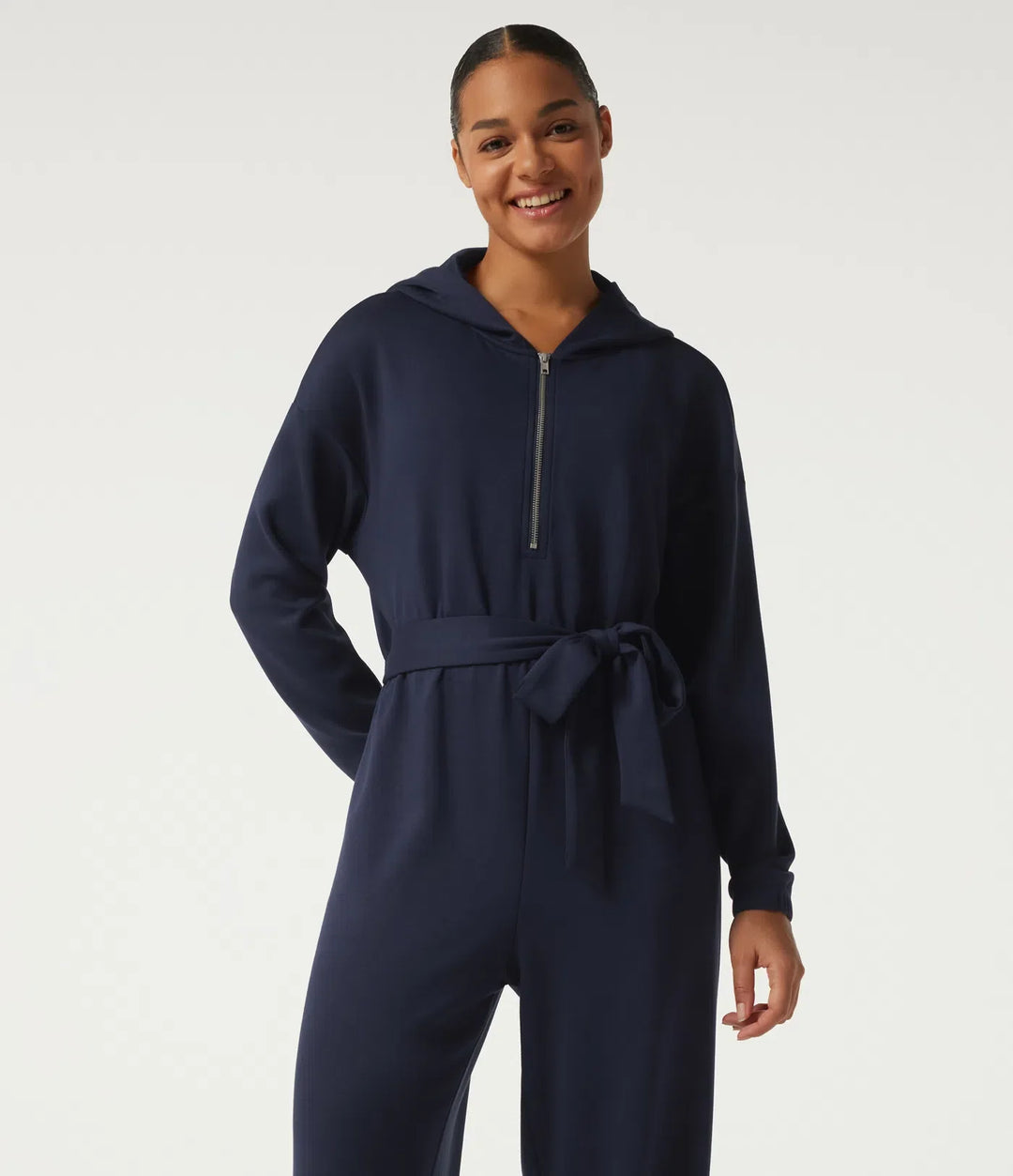Hooded Dropped Long Sleeve Half Zip Tie Front Casual Jogger Jumpsuit with Pockets-Easy Peezy Edition