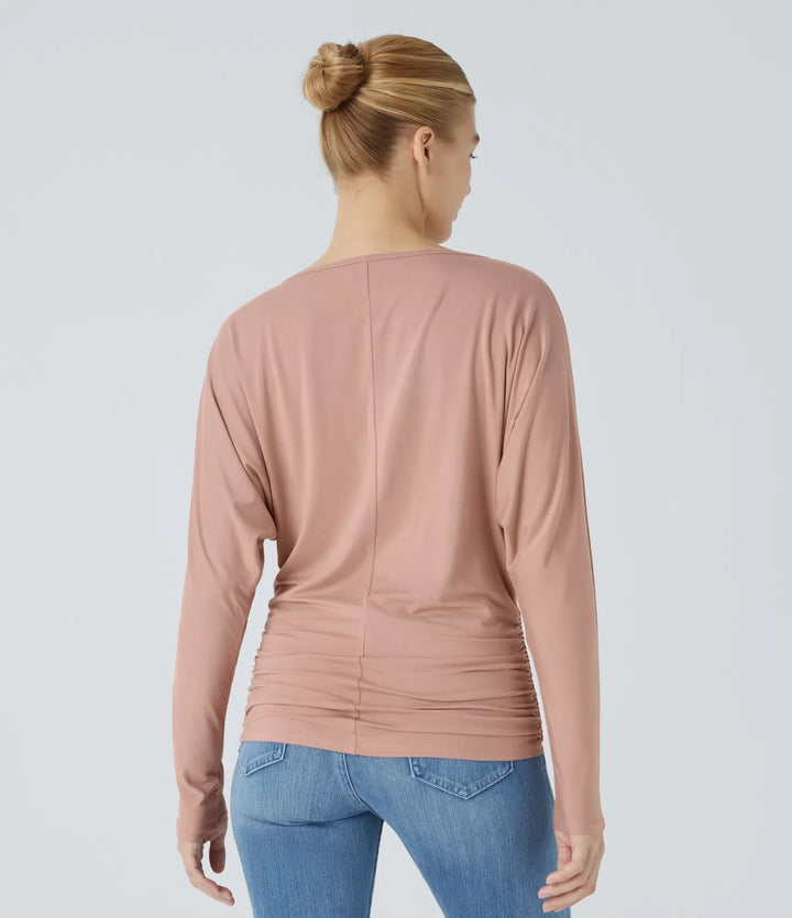 Boat Neck Long Sleeve Ruched Casual Top